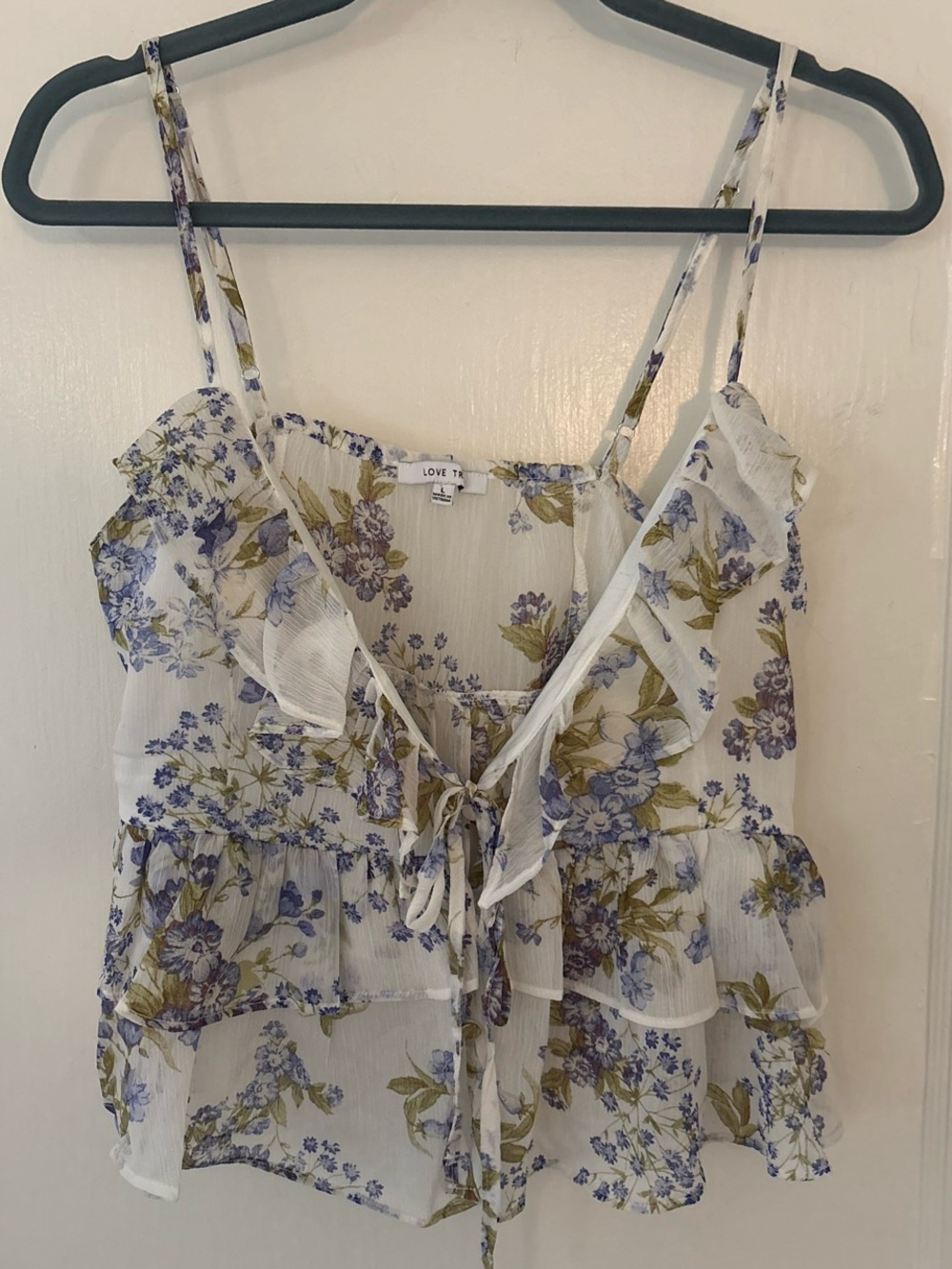 Love Tree White Floral Ruffle Tie-Front Cami Top